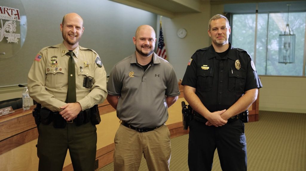 Pictured from Left to Right, Captain Nate Theiss (White County Sheriff’s Office), Wesley Blanton (CivicEye’s ISAT Team), and Nick Dunn (Sparta Police Department). The three men stand side by side smiling.